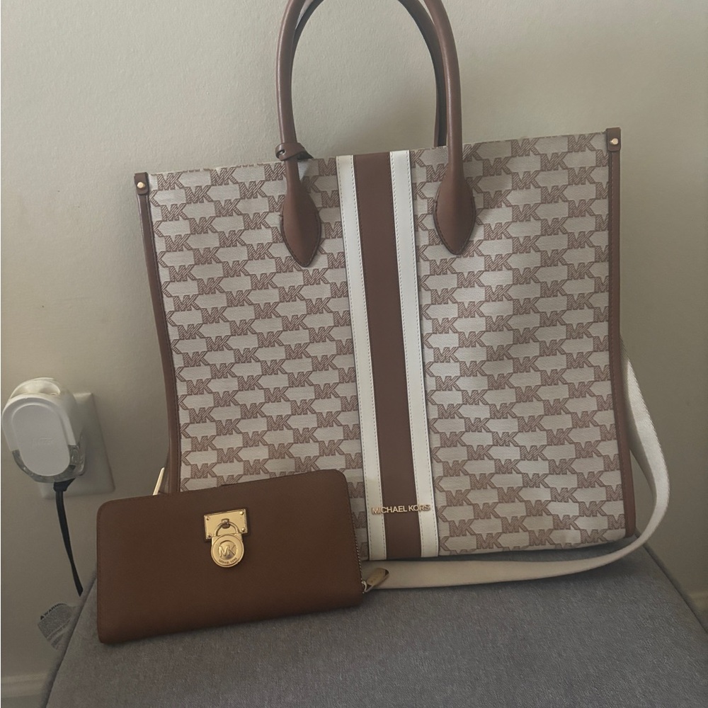 Michael Kors Brown and White Tote Bag with Structured Design